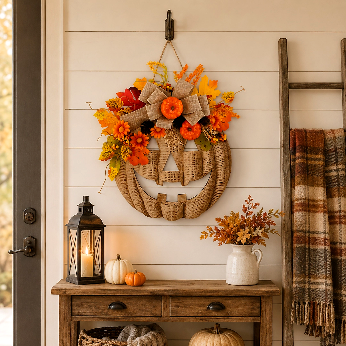 🎃LED Lighted Burlap Pumpkin Wreath | Fall & Halloween Must-Have