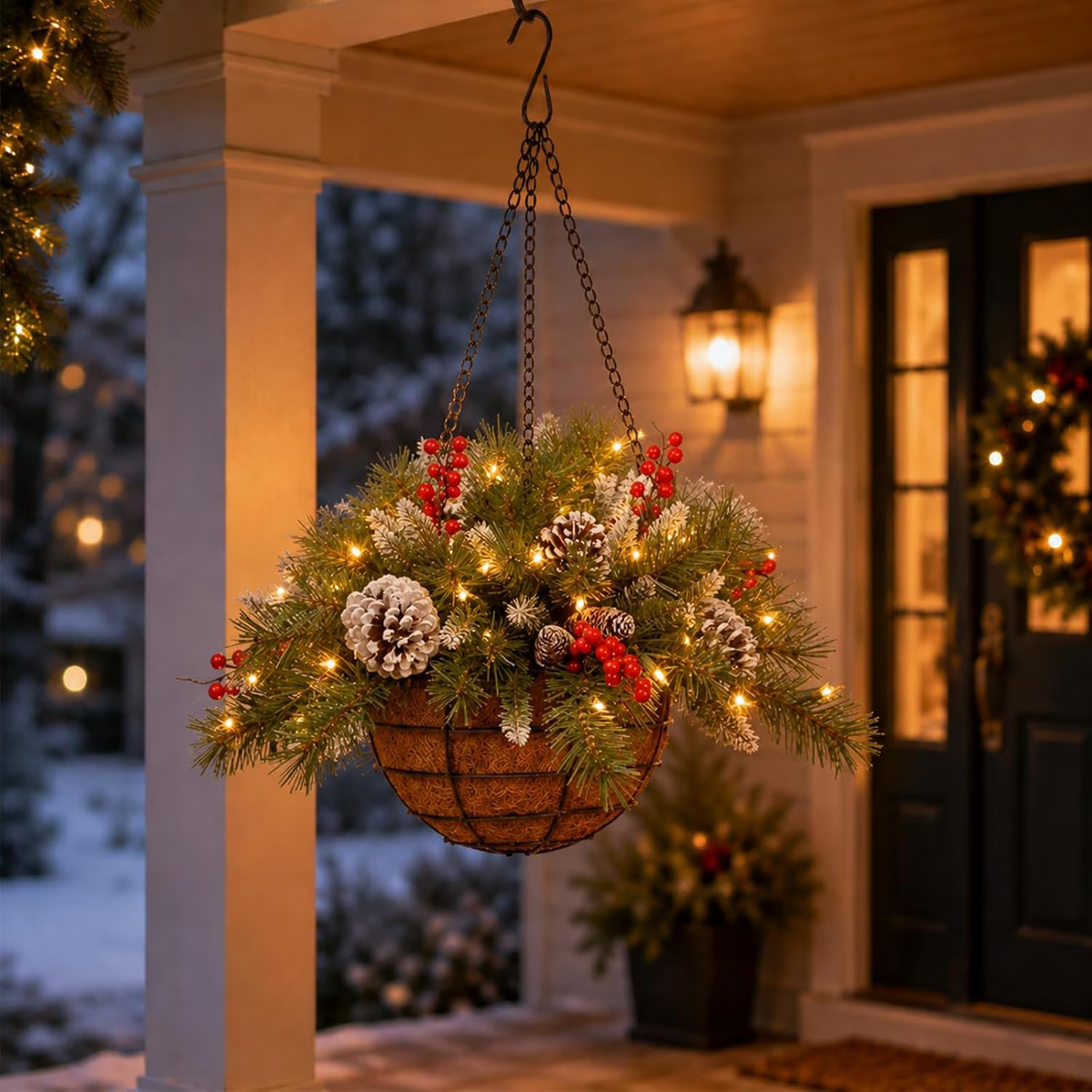 π Pre-Lit Christmas Hanging Basket β Festive Evergreen Porch Decor