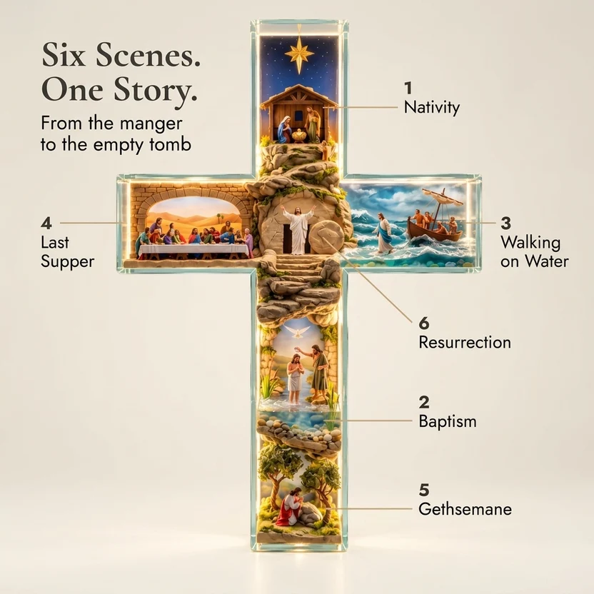 ✝️ Glowing Bible Cross Lamp – Illuminated Story of Jesus in 6 Scenes | Christian Home Decor