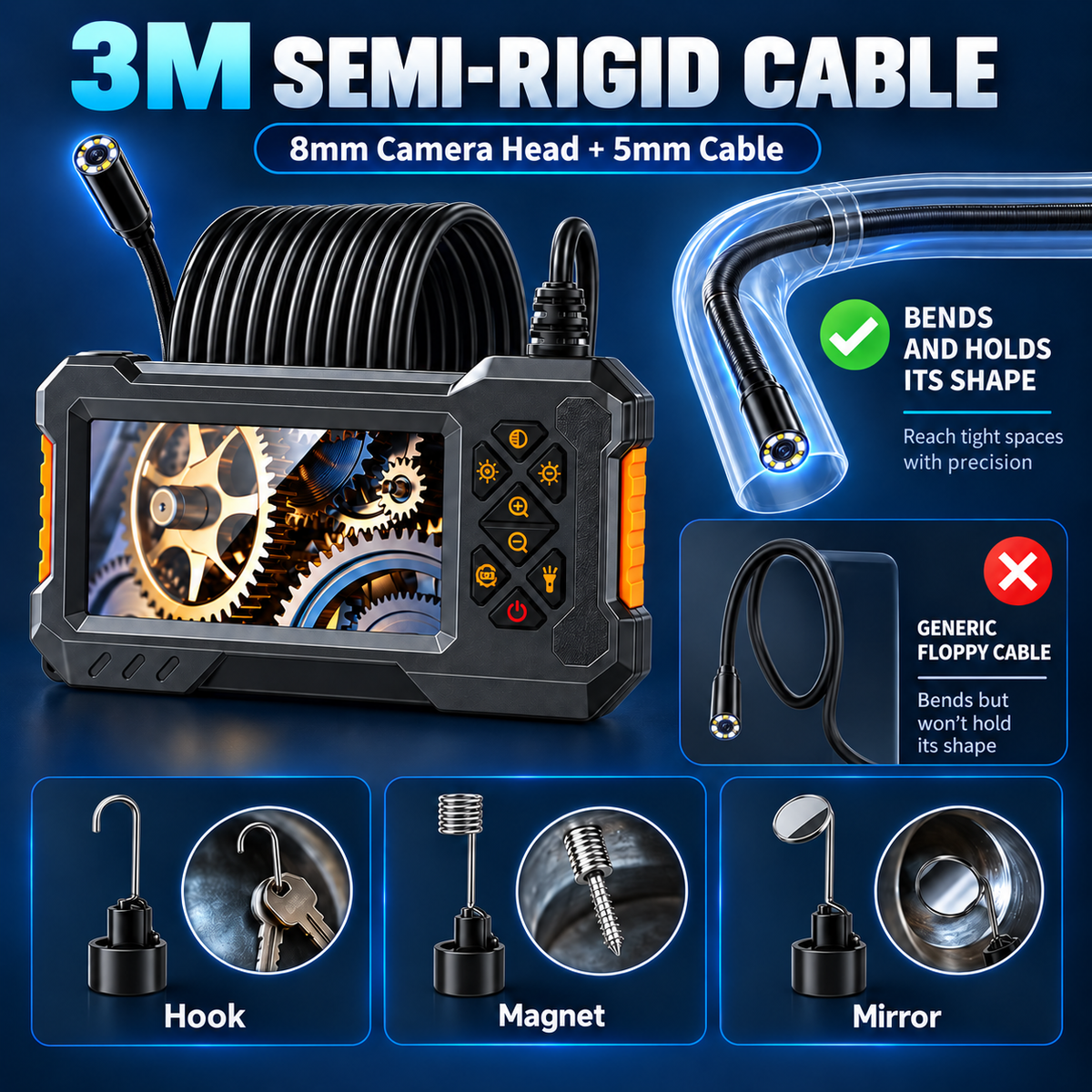 🎯📺HD Borescope Camera with Light - 4.3" HD Screen, Waterproof Endoscope with 8 LED Lights💡