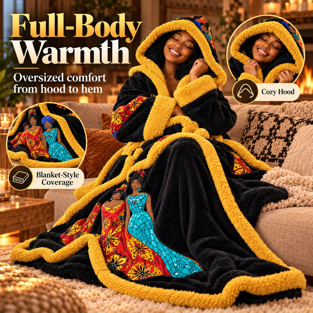 🔥African Queen Heated Plush Robe 👑 Ultra-Oversized Hood & Adjustable Heat