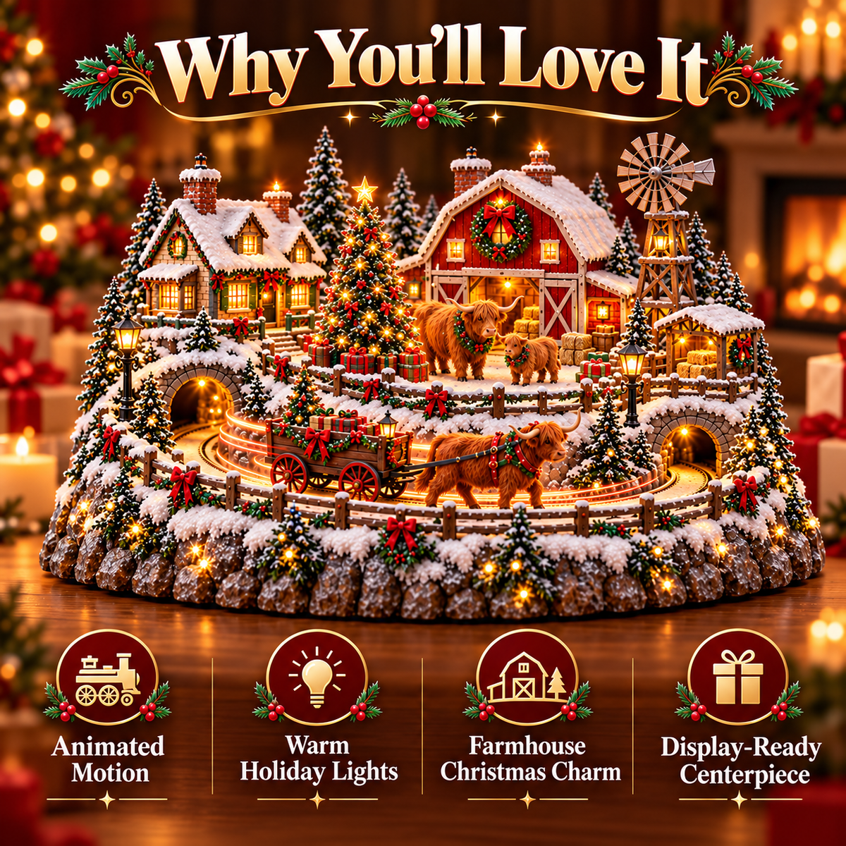 ๐ด๐Lighted Christmas Farm Village โ Horse Stable & Highland Cow Holiday Scene
