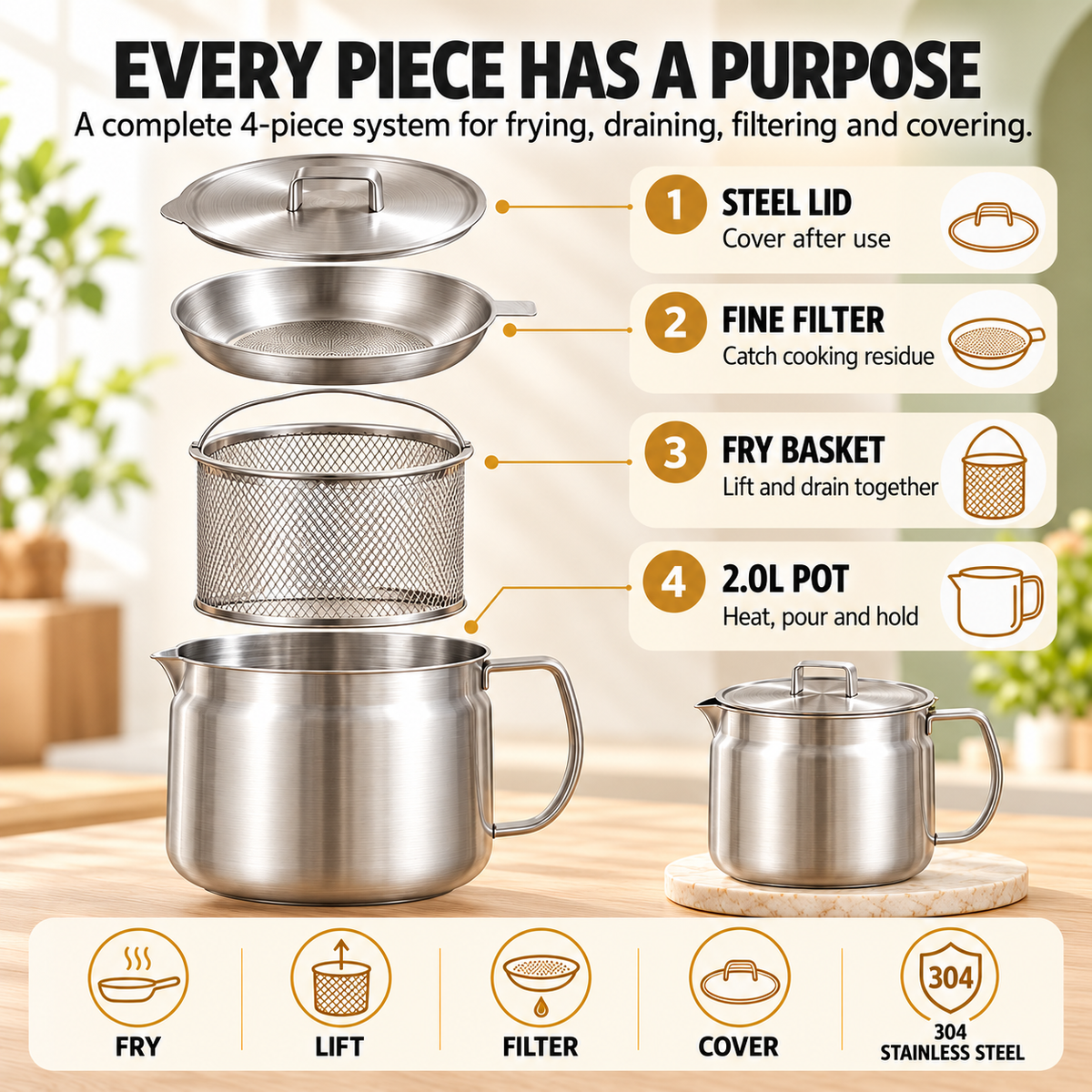 🍟 3-in-1 2.0L 4-Piece 304 Stainless Steel Deep Fryer Pot Set – Stovetop Frying, Oil Draining & Filtering with Basket & Lid