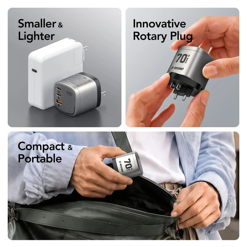 🔋70W GaN Global Travel Charger – 3-Port 4-in-1 Rotary Plug