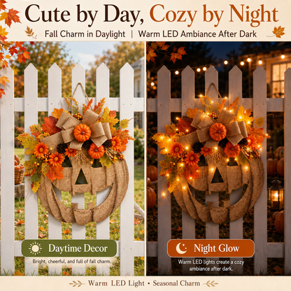 🎃LED Lighted Burlap Pumpkin Wreath | Fall & Halloween Must-Have