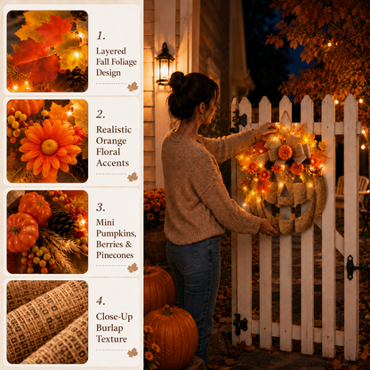 🎃LED Lighted Burlap Pumpkin Wreath | Fall & Halloween Must-Have