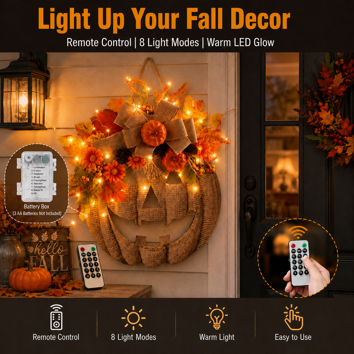 🎃LED Lighted Burlap Pumpkin Wreath | Fall & Halloween Must-Have