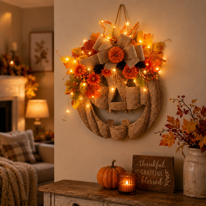 🎃LED Lighted Burlap Pumpkin Wreath | Fall & Halloween Must-Have