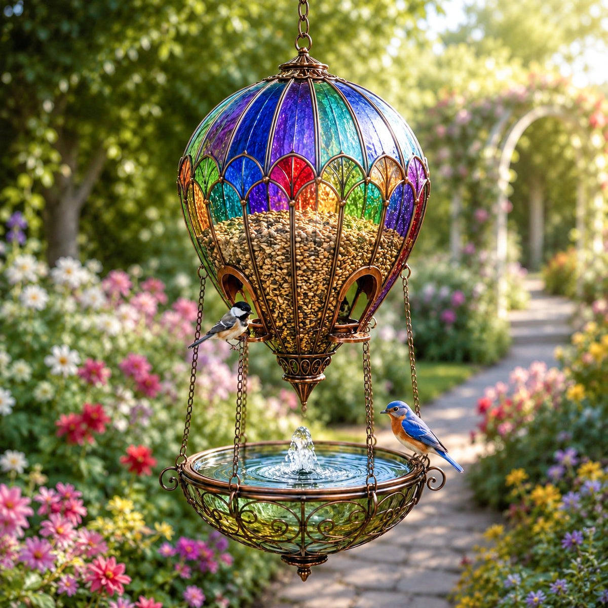 Hanging balloon bird feeder in sunny garden