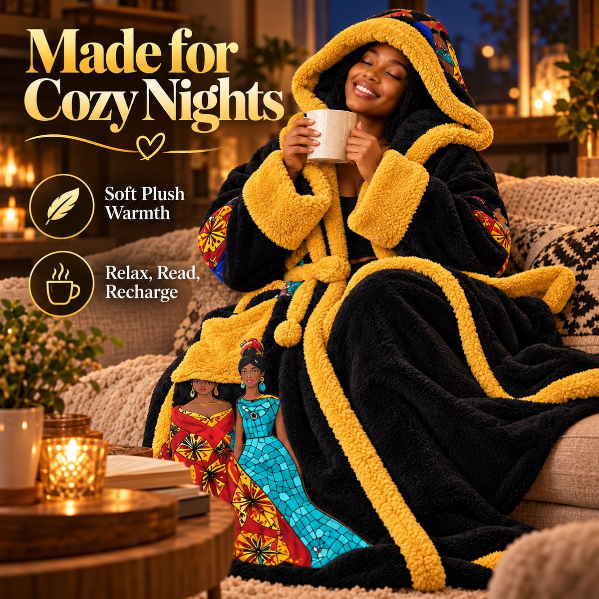 🔥African Queen Heated Plush Robe 👑 Ultra-Oversized Hood & Adjustable Heat