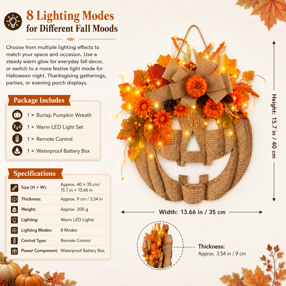 🎃LED Lighted Burlap Pumpkin Wreath | Fall & Halloween Must-Have
