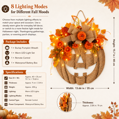 🎃LED Lighted Burlap Pumpkin Wreath | Fall & Halloween Must-Have