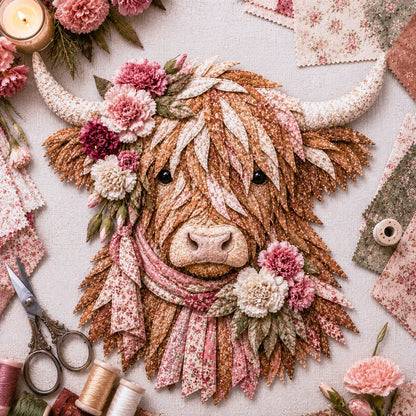 🔥Hot Sale🐮💐🌸 Birth Flower Highland Cow 3D Layered Fabric Art DIY Kit (Beginner-friendly)