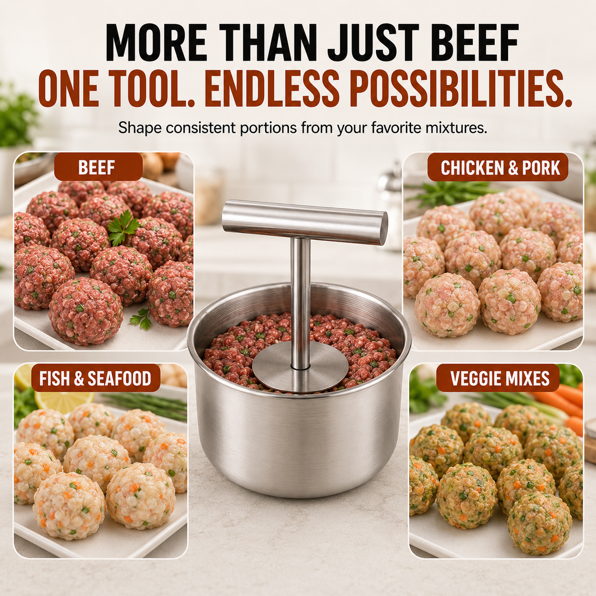 🥩 Stainless Steel 6-Hole Meatball Maker, Quick DIY Tool for Meat Balls, Fish Balls, Veggie Balls & Ice Cream