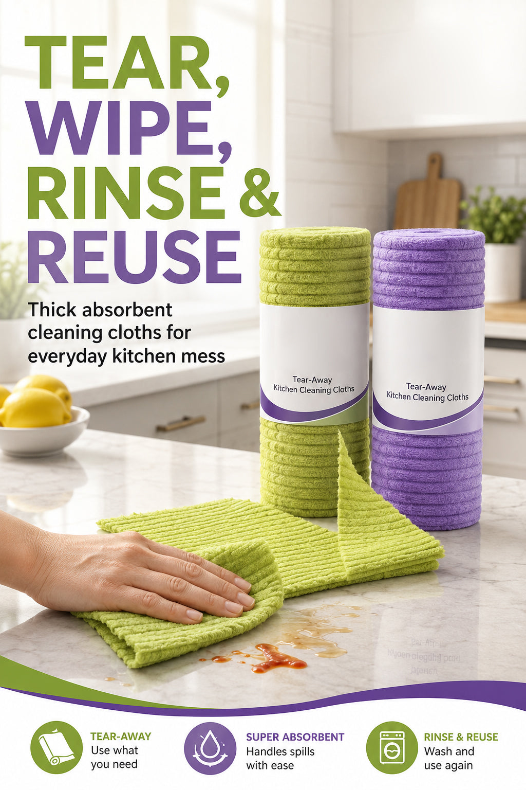 🧼 Reusable Cleaning Cloth Roll ✨ Tear Off, Wash & Reuse