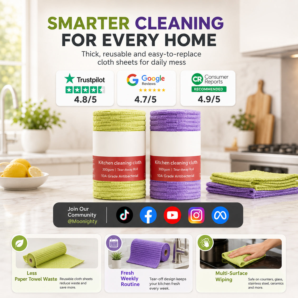 🧼 Reusable Cleaning Cloth Roll ✨ Tear Off, Wash & Reuse