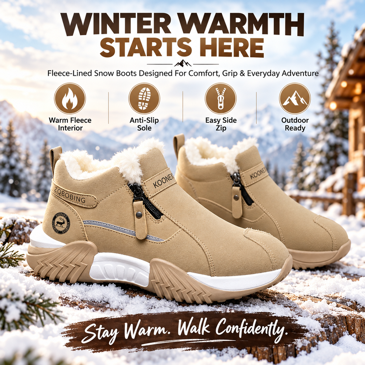 ❄️ Fleece-Lined Winter Snow Boots – Cozy Warm Ankle Boots with Side Zipper & Textured Sole