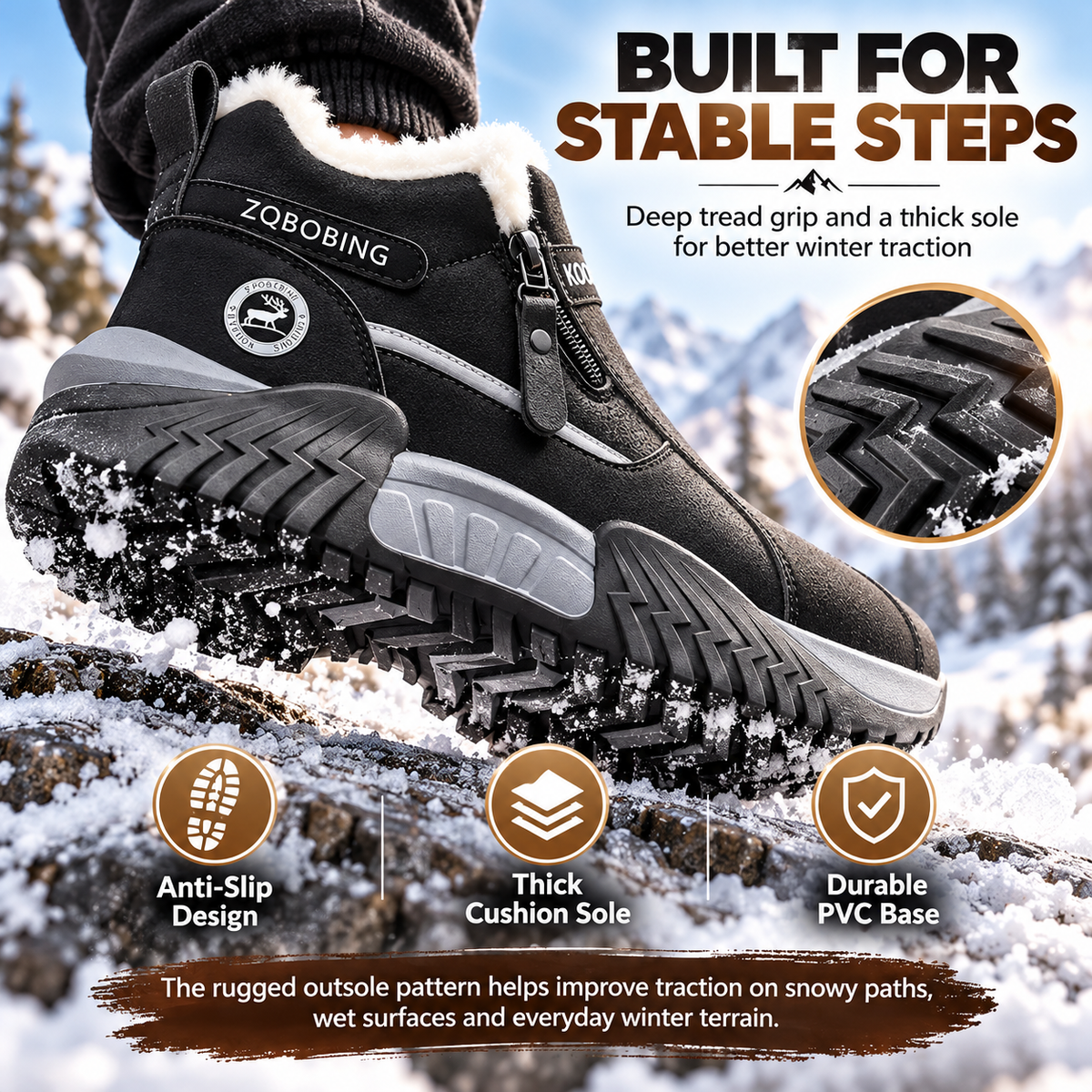 ❄️ Fleece-Lined Winter Snow Boots – Cozy Warm Ankle Boots with Side Zipper & Textured Sole