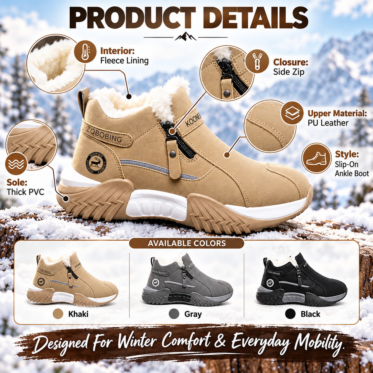 ❄️ Fleece-Lined Winter Snow Boots – Cozy Warm Ankle Boots with Side Zipper & Textured Sole