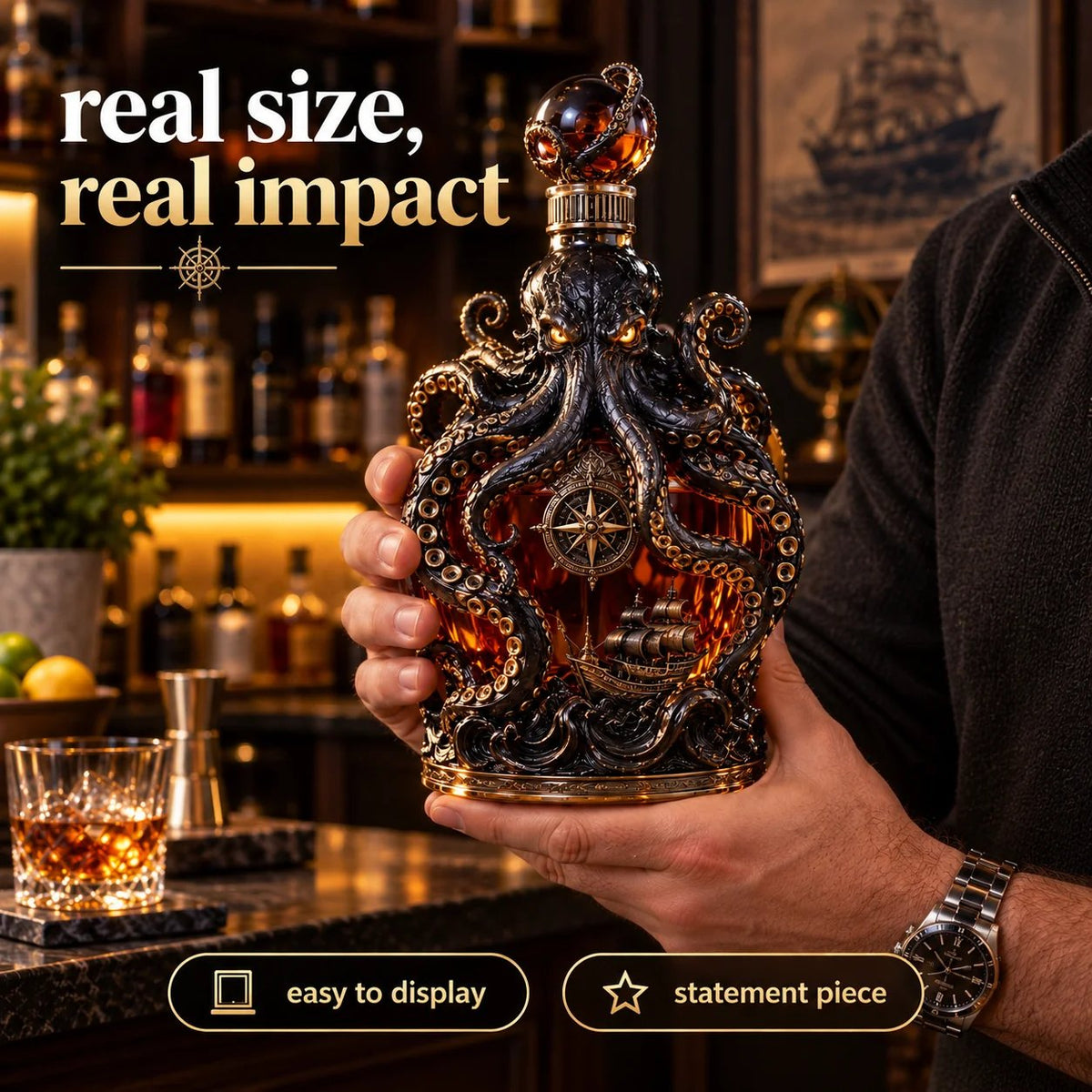 🐙 Kraken-Inspired Whiskey Decanter – Sculpted Nautical Display Bottle