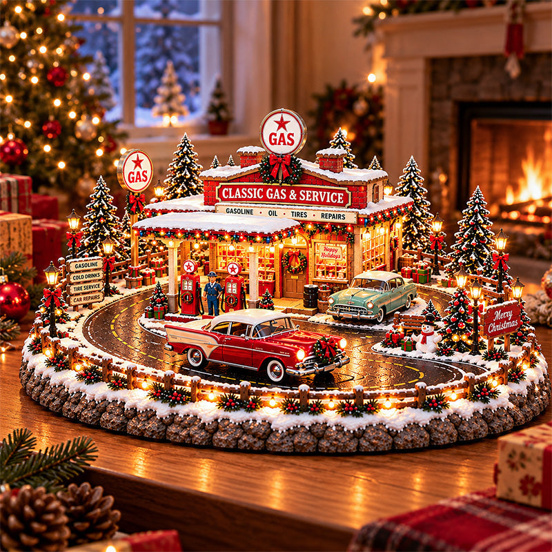 Classic Cars Christmas Gas Station Village