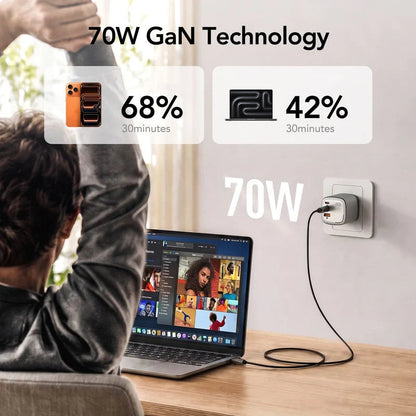 ⚡ 70W GaN Universal Travel Adapter – 3-Port Fast Charging with Rotary Plug🌍