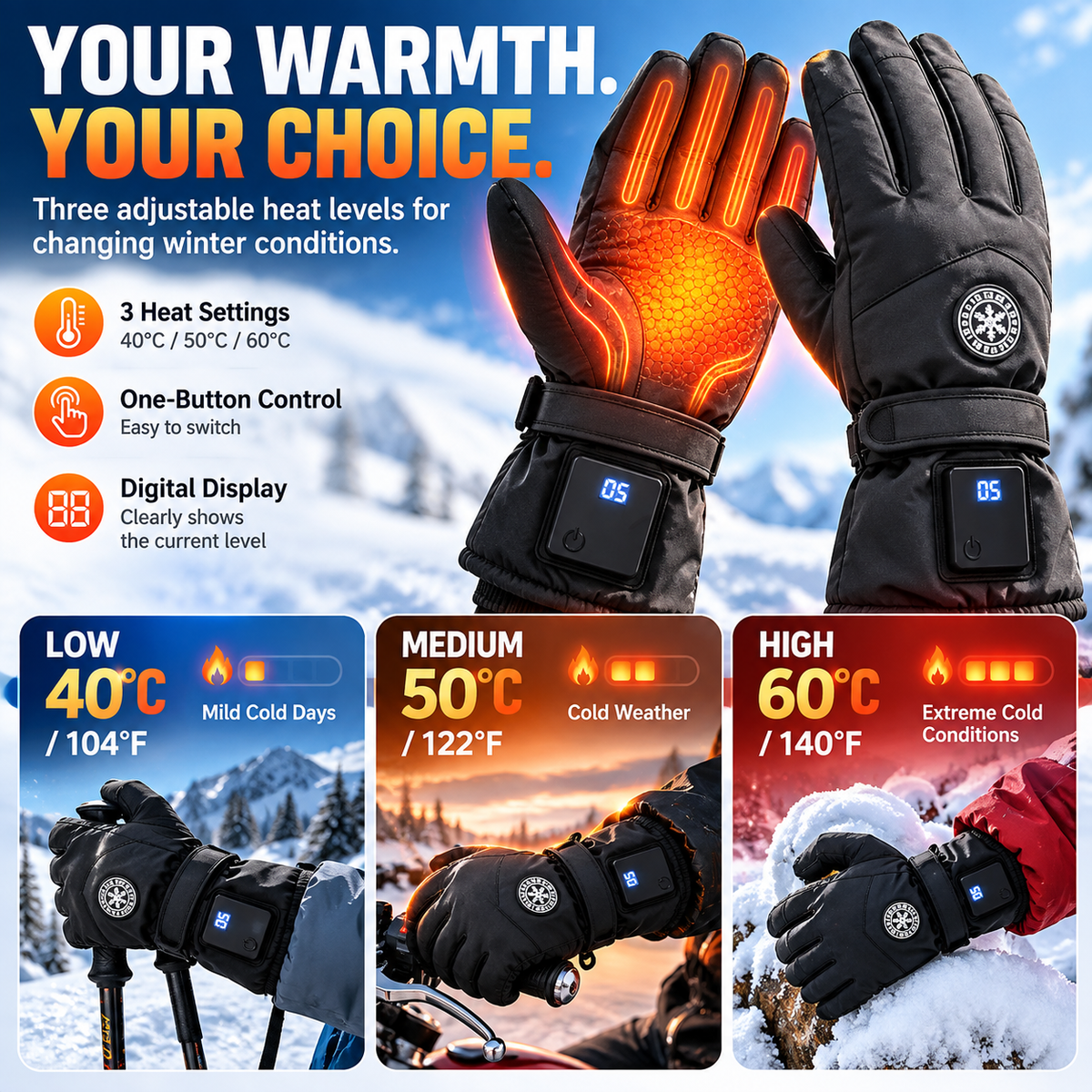 🔥🧤 Rechargeable Heated Gloves – 3 Heat Levels, Touchscreen Winter Gloves