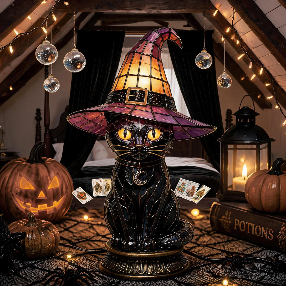 🎃Handcrafted Mosaic Tiffany Witch Cat Stained Glass Table Lamp, Mysterious Gothic Witchy Halloween Desktop Lamp