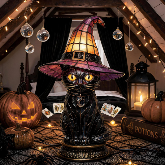 🎃Handcrafted Mosaic Tiffany Witch Cat Stained Glass Table Lamp, Mysterious Gothic Witchy Halloween Desktop Lamp