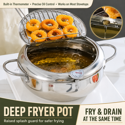 🥗Kitchen Essentials 🍳 304 Stainless Steel Deep Fryer Pot – Thermometer, Oil Drain Rack, Splatter-Proof Lid