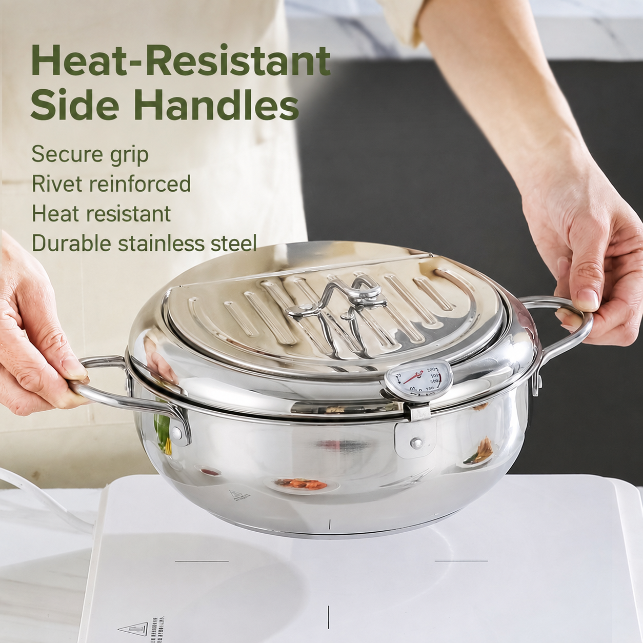 🥗Kitchen Essentials 🍳 304 Stainless Steel Deep Fryer Pot – Thermometer, Oil Drain Rack, Splatter-Proof Lid