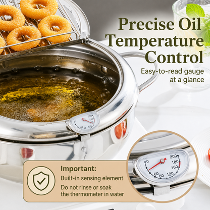 🥗Kitchen Essentials 🍳 304 Stainless Steel Deep Fryer Pot – Thermometer, Oil Drain Rack, Splatter-Proof Lid