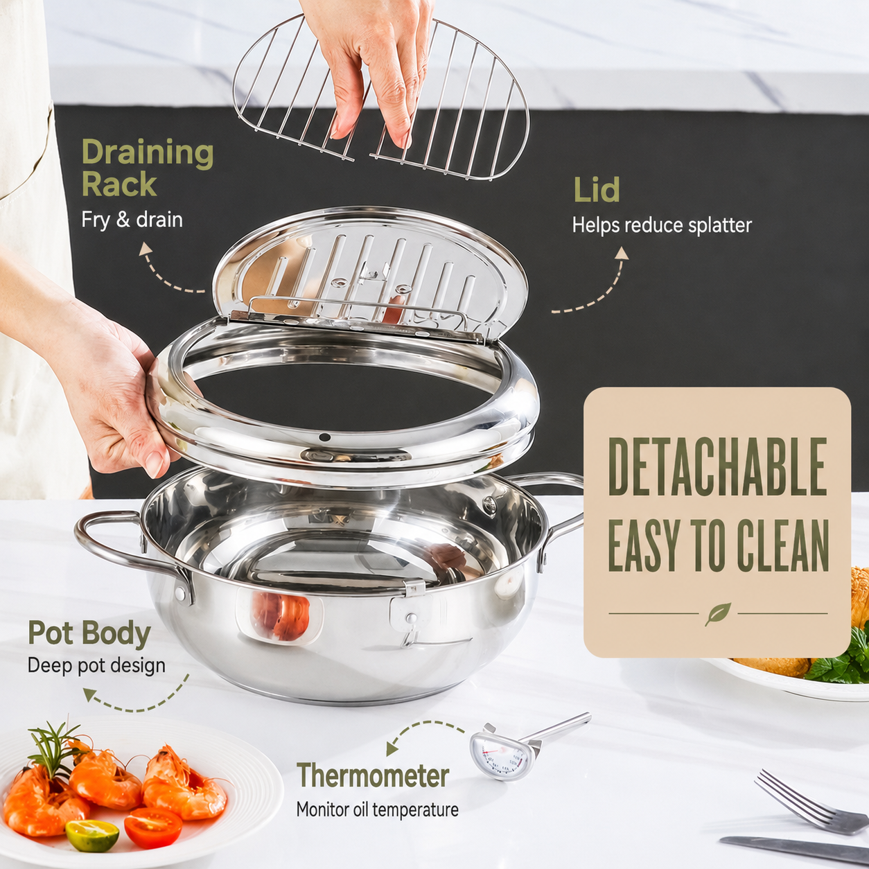 🥗Kitchen Essentials 🍳 304 Stainless Steel Deep Fryer Pot – Thermometer, Oil Drain Rack, Splatter-Proof Lid
