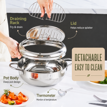 🥗Kitchen Essentials 🍳 304 Stainless Steel Deep Fryer Pot – Thermometer, Oil Drain Rack, Splatter-Proof Lid