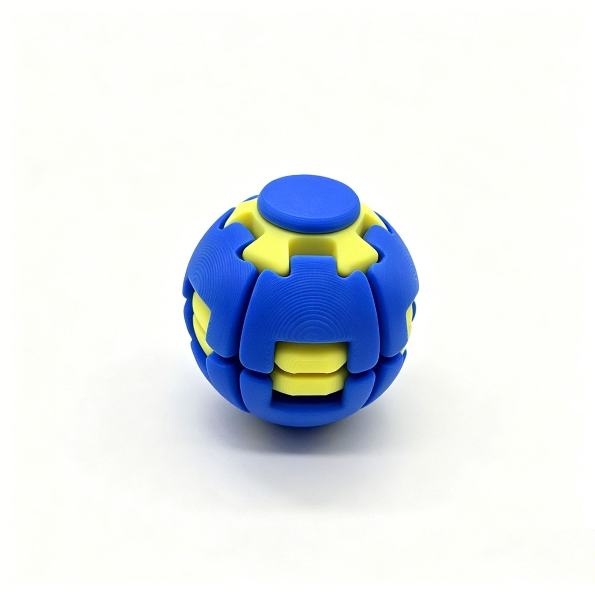 Blue and yellow 3D printed spinning fidget ball