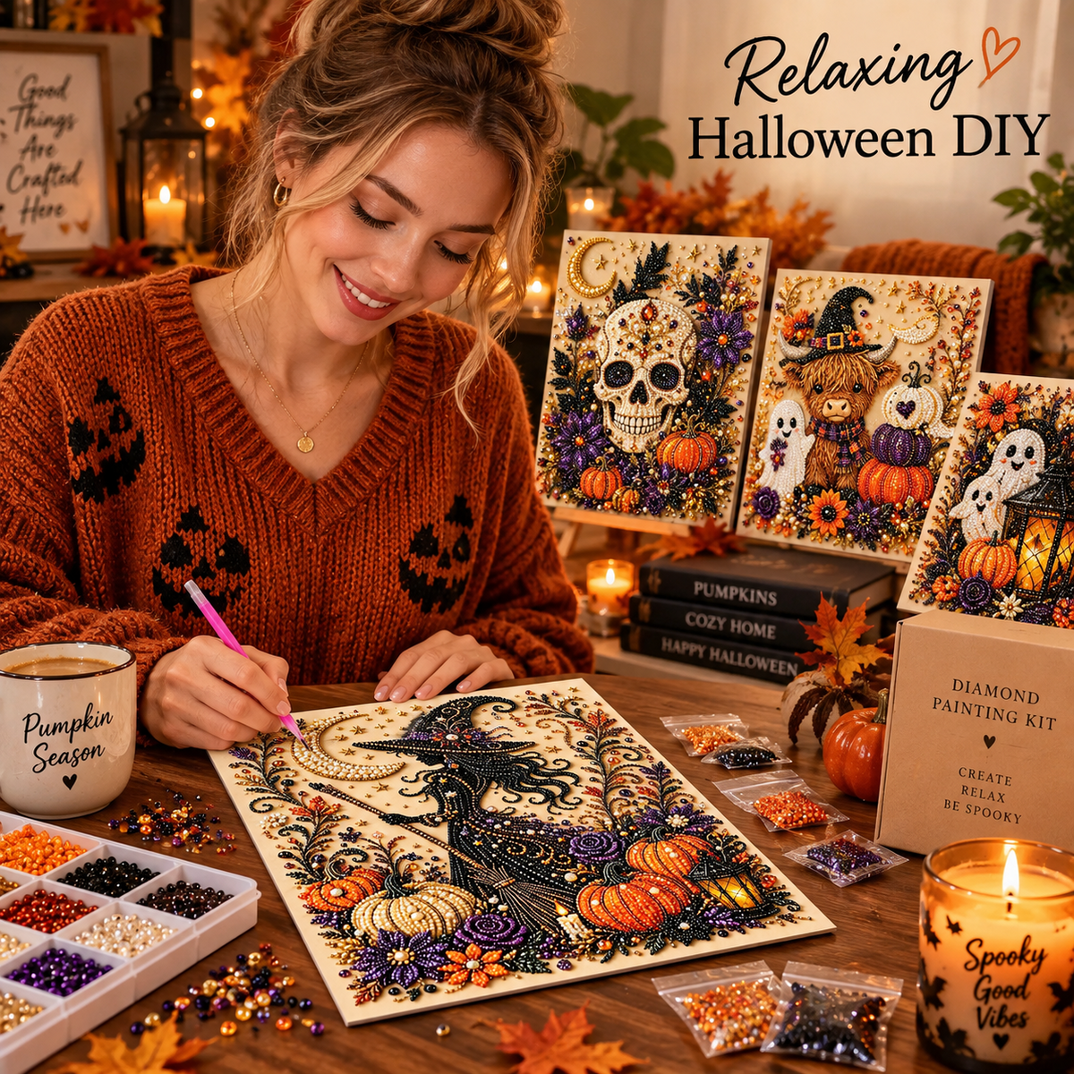 🎃 Halloween Diamond Painting Kit – 6 Spooky Sparkling Designs