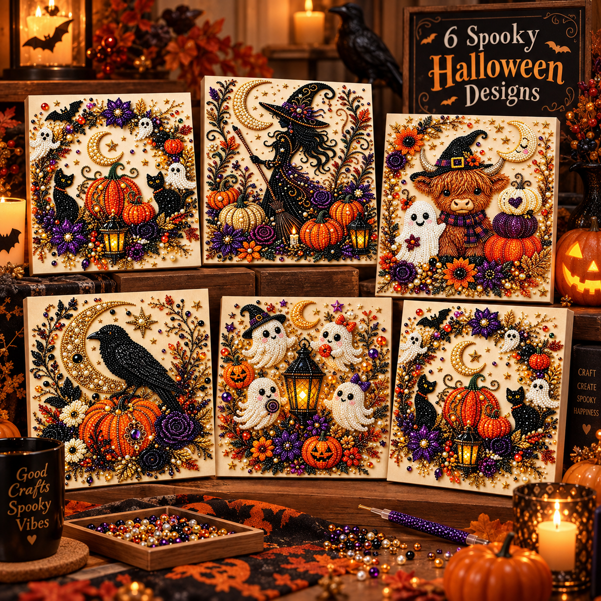 🎃 Halloween Diamond Painting Kit – 6 Spooky Sparkling Designs