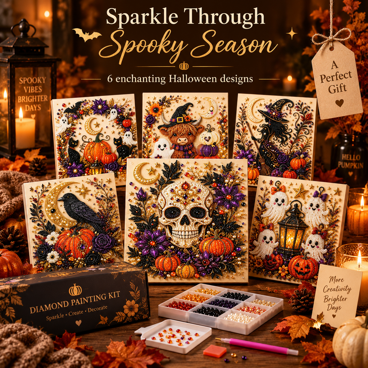 🎃 Halloween Diamond Painting Kit – 6 Spooky Sparkling Designs