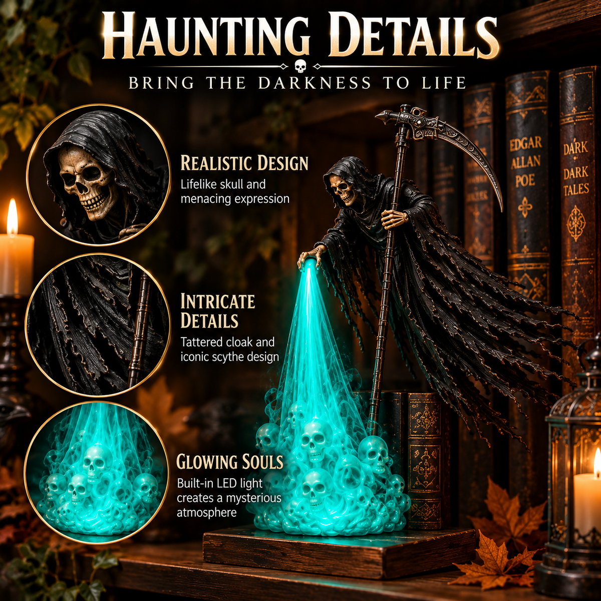 💀 Soul-Beam Reaper LED Book Nook Light – 3D Printed Gothic Bookshelf Decor