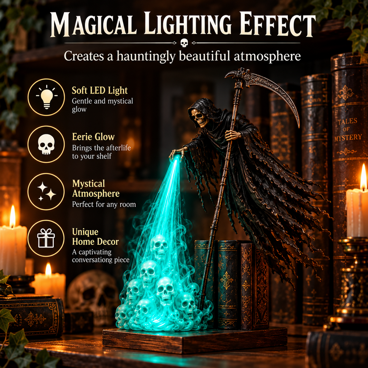 💀 Soul-Beam Reaper LED Book Nook Light – 3D Printed Gothic Bookshelf Decor