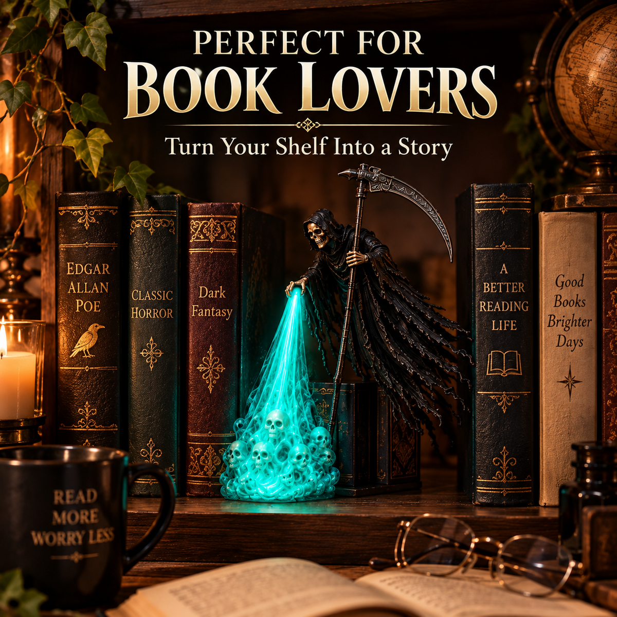 💀 Soul-Beam Reaper LED Book Nook Light – 3D Printed Gothic Bookshelf Decor