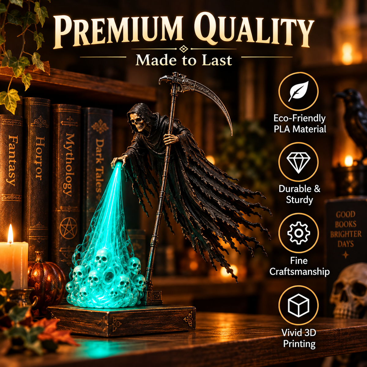 💀 Soul-Beam Reaper LED Book Nook Light – 3D Printed Gothic Bookshelf Decor