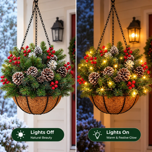 🎄 Pre-Lit Christmas Hanging Basket – Festive Evergreen Porch Decor