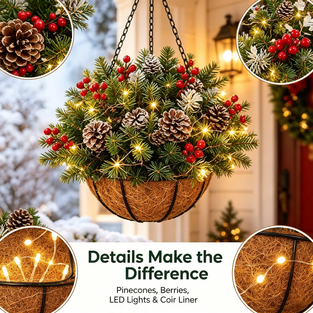 🎄 Pre-Lit Christmas Hanging Basket – Festive Evergreen Porch Decor