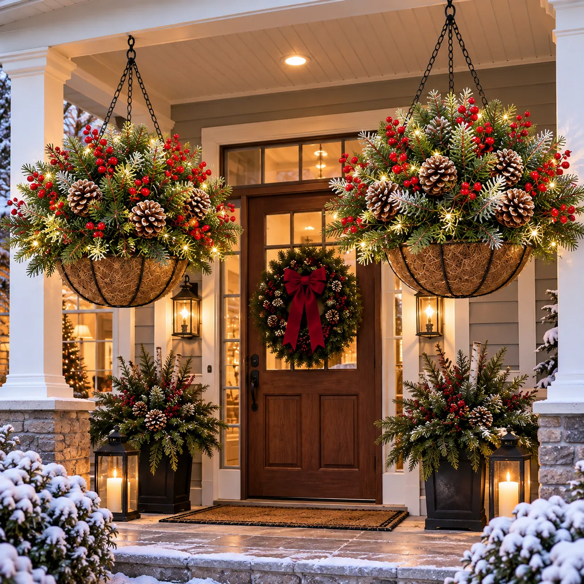 🎄 Pre-Lit Christmas Hanging Basket – Festive Evergreen Porch Decor