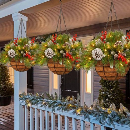 🎄 Pre-Lit Christmas Hanging Basket – Festive Evergreen Porch Decor