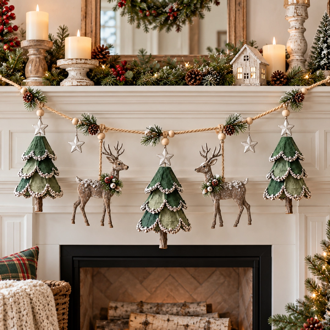 Rustic woodland garland across an elegant Christmas mantel