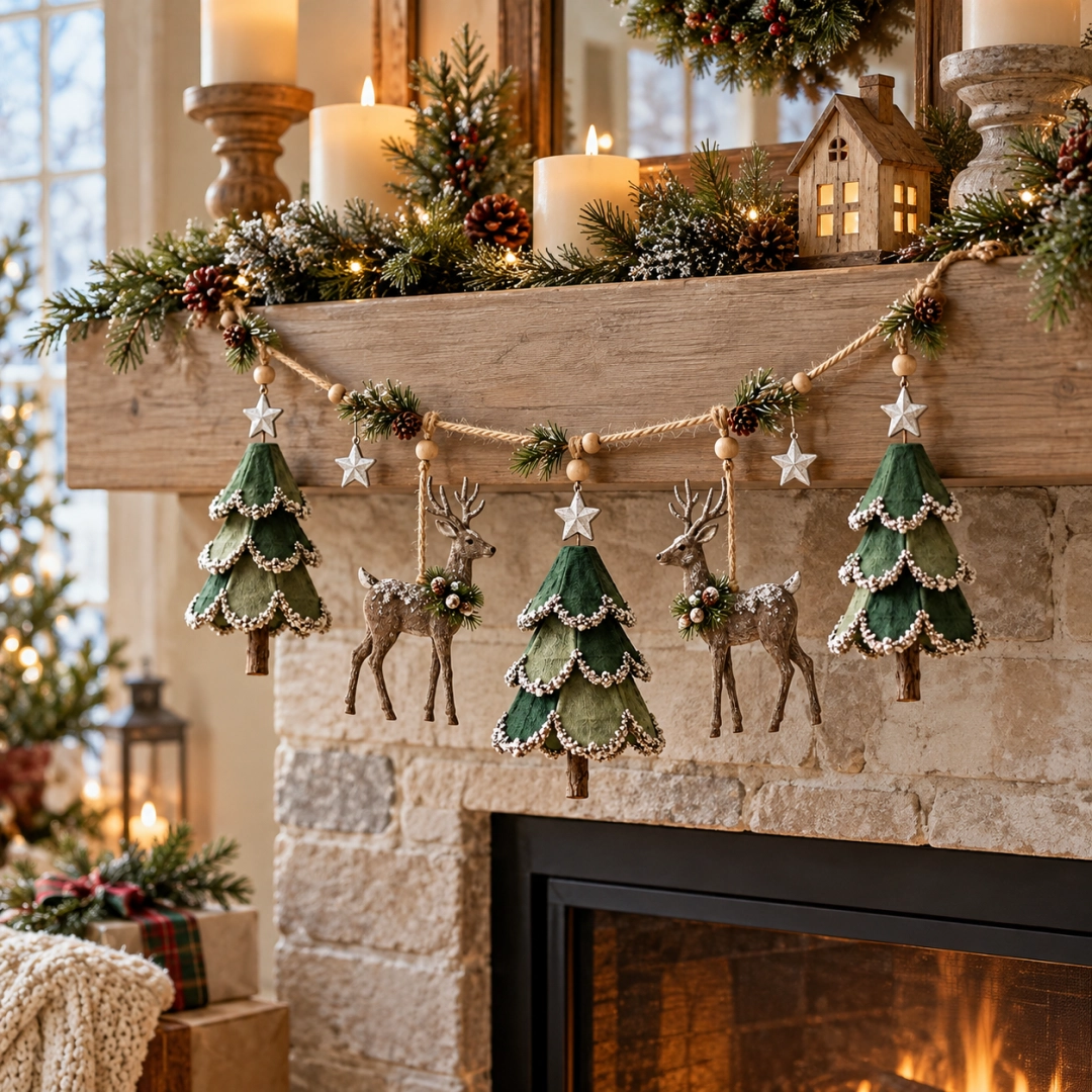 Rustic woodland holiday garland over a festive stone fireplace