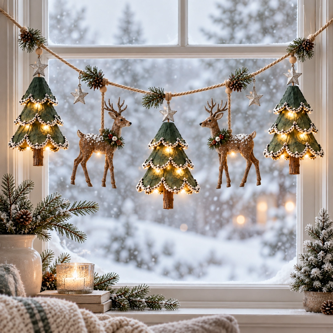 Lighted woodland Christmas garland hanging across a snowy winter window