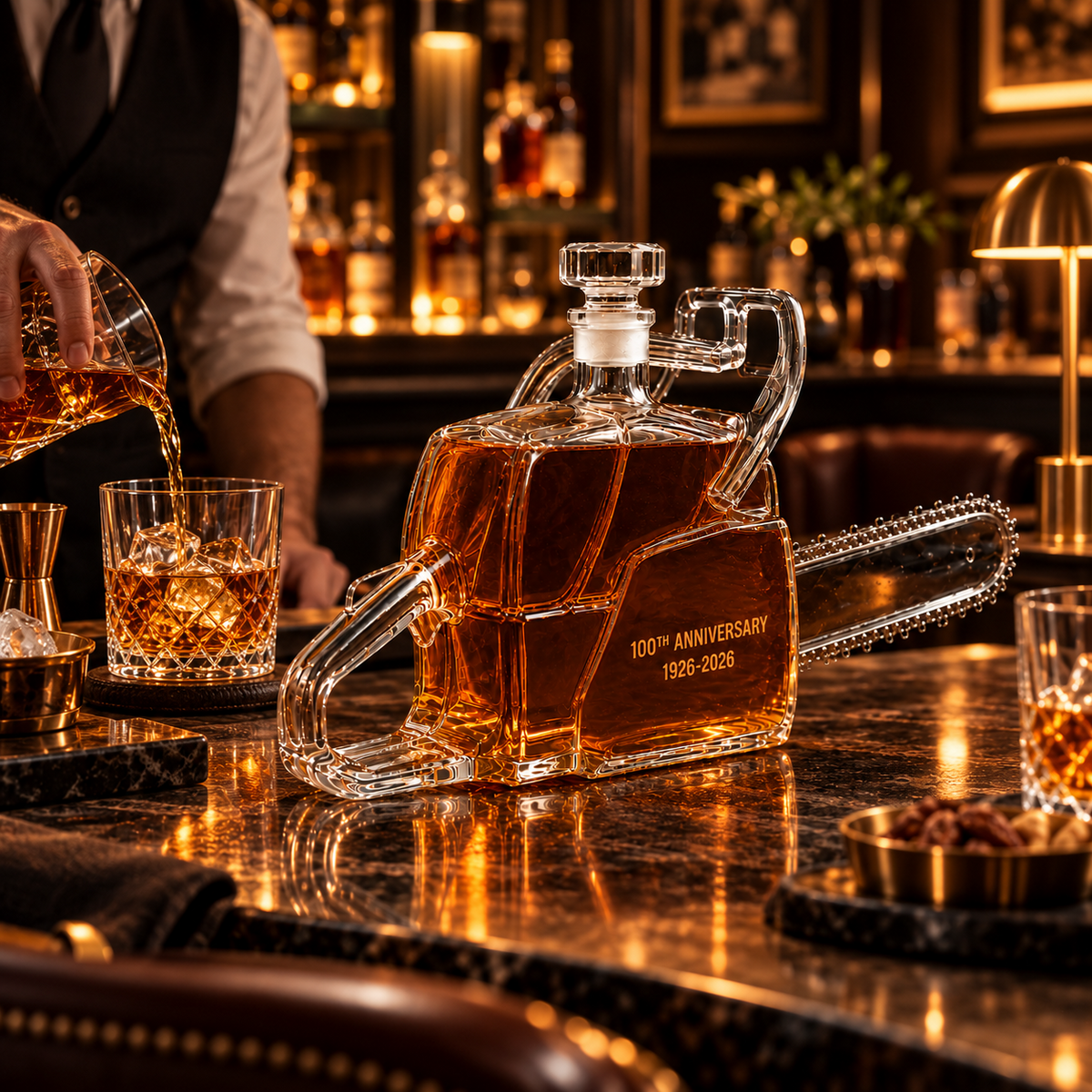 🪚 100th Anniversary Chainsaw Whiskey Decanter – 1926–2026 Commemorative Collectible Bottle